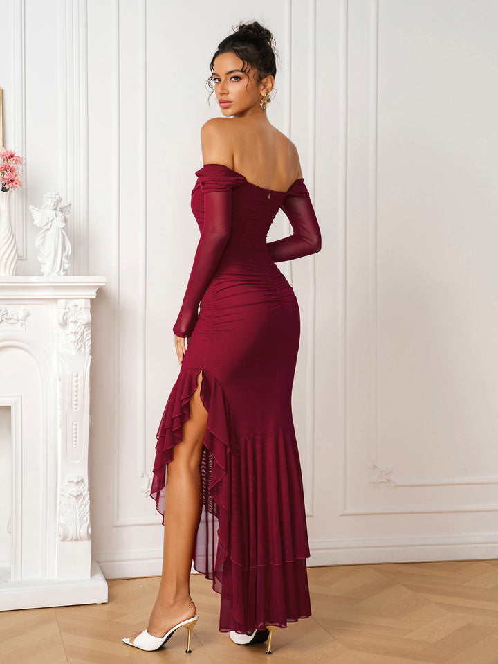 Off Shoulder Asymmetrical Hem Ruched Mesh Dress