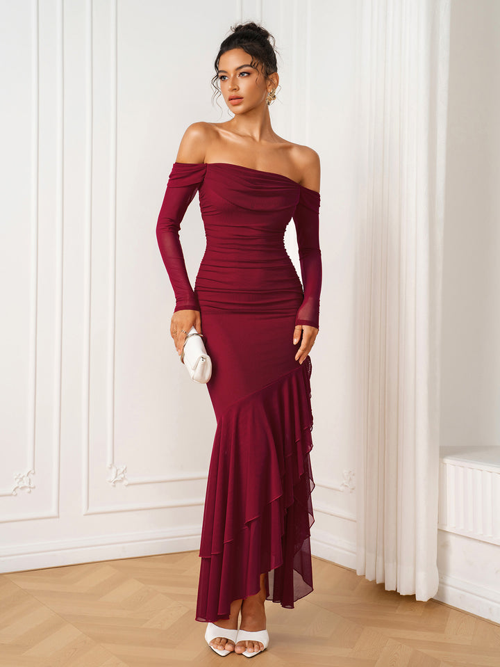 Asymmetrical Hem Ruched Off Shoulder Mesh Dress