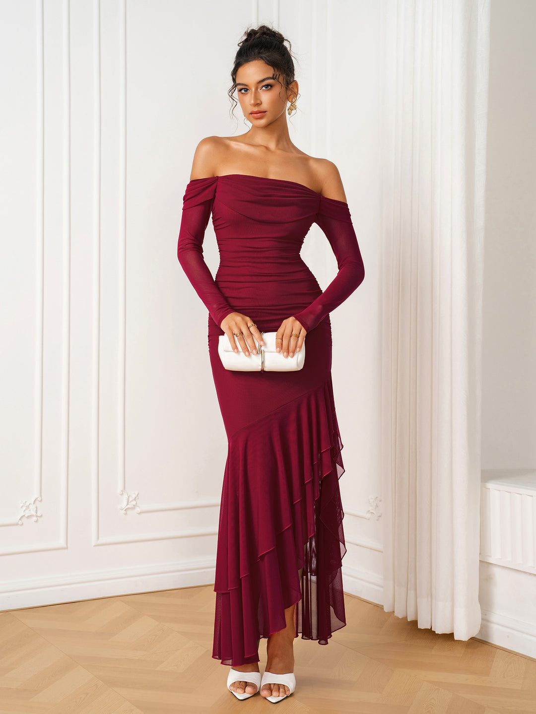Asymmetrical Hem Off Shoulder Ruched Mesh Dress