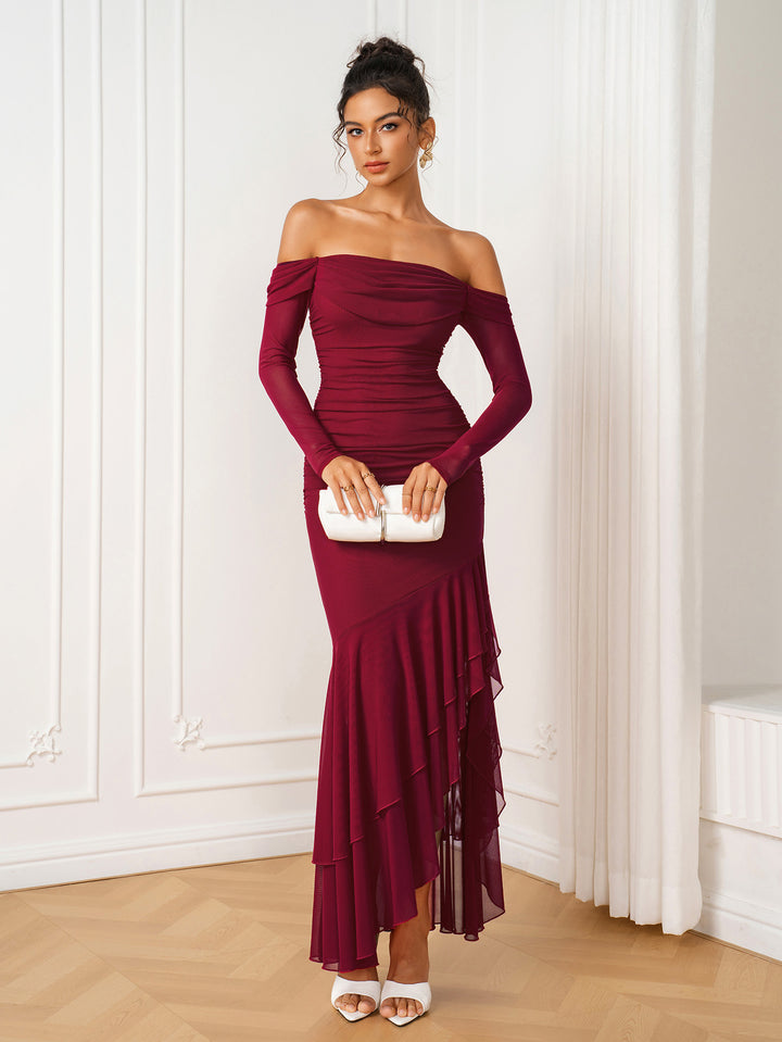 Asymmetrical Hem Off Shoulder Ruched Mesh Dress