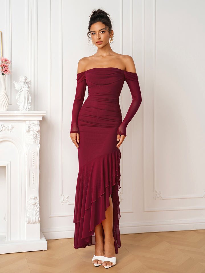 Off Shoulder Ruched Asymmetrical Hem Mesh Dress
