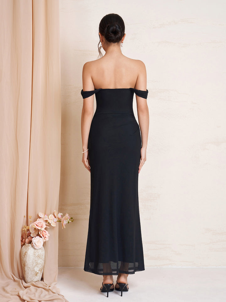 Off  Ruched ShoulderBodycon Mesh Dress