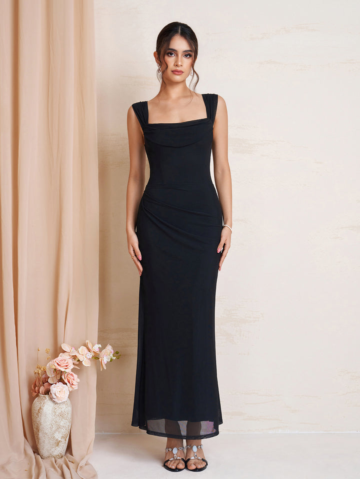 Ruched Off Shoulder Bodycon Mesh Dress