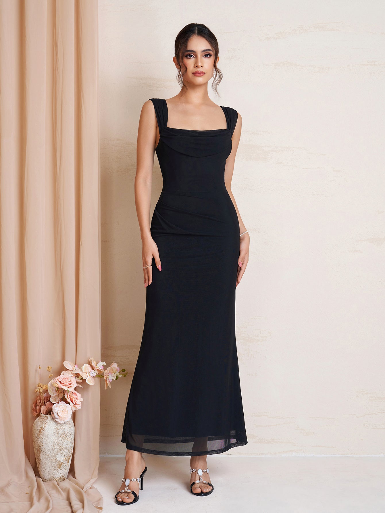 Off Shoulder Ruched Bodycon Mesh Dress, Black / XS