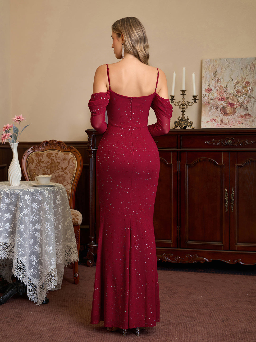 Off Shoulder Mesh Ruched Bust Sequin Mermaid Dress#color_wine