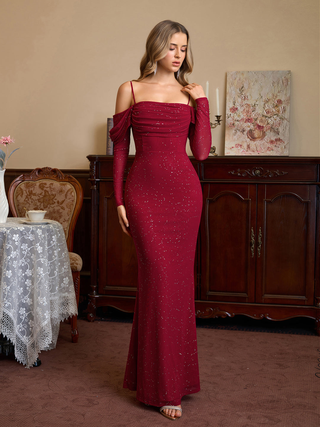 Mesh Off Shoulder Sequin Ruched Bust Mermaid Dress#color_wine