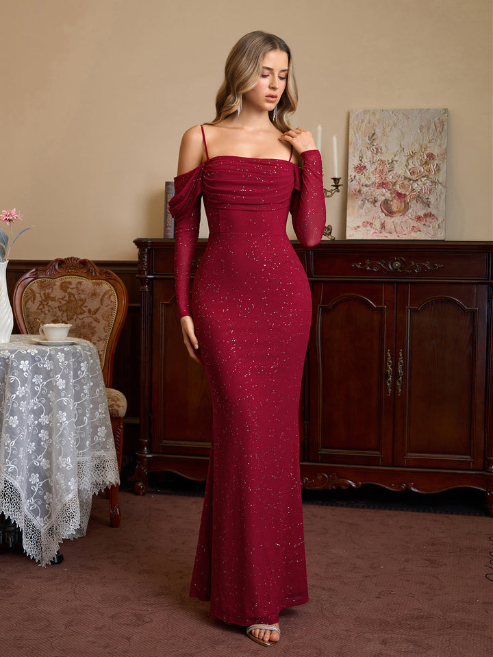 Mesh Off Shoulder Sequin Ruched Bust Mermaid Dress#color_wine