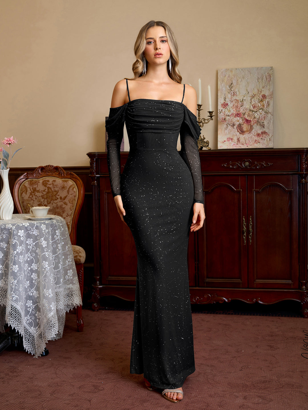 Ruched Off Shoulder Bust Mesh Sequin Mermaid Dress#color_black