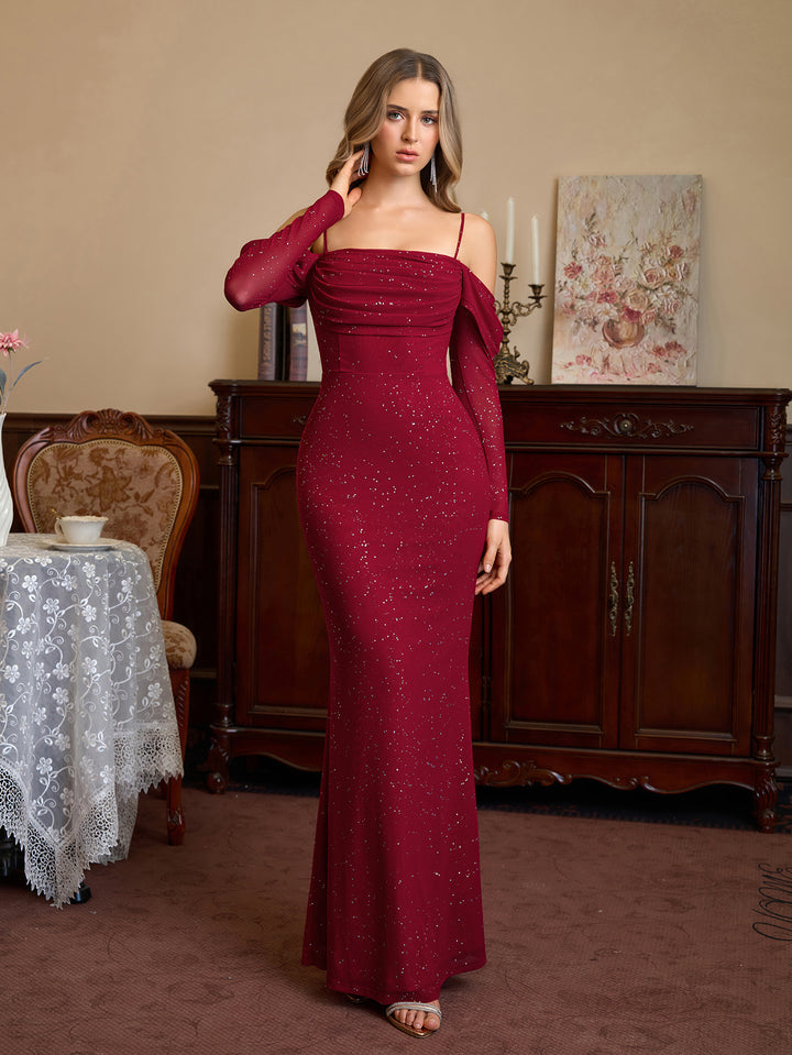 Mesh Off Shoulder Ruched Bust Sequin Mermaid Dress#color_wine