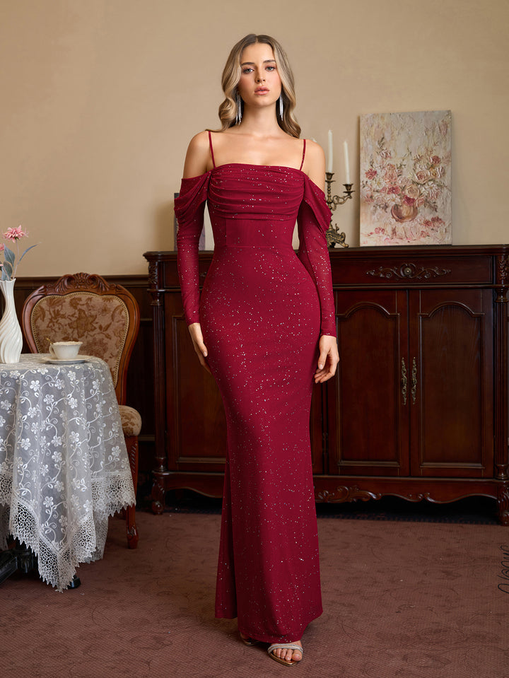 Ruched Bust Mesh Off Shoulder Sequin Mermaid Dress#color_wine