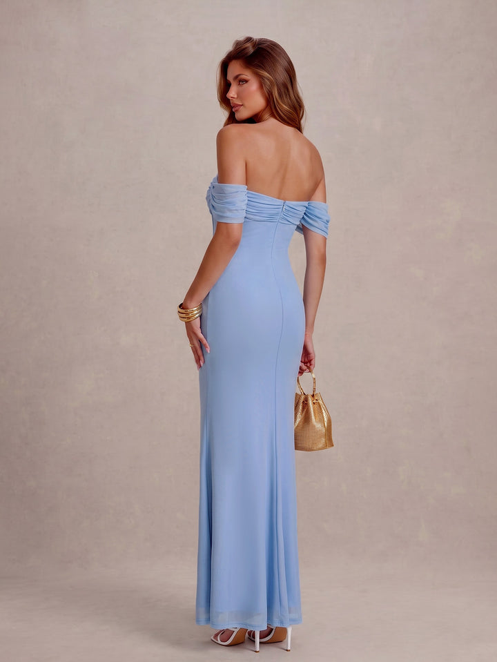 Off Shoulder Corset Ruched Bodycon Mesh Dress