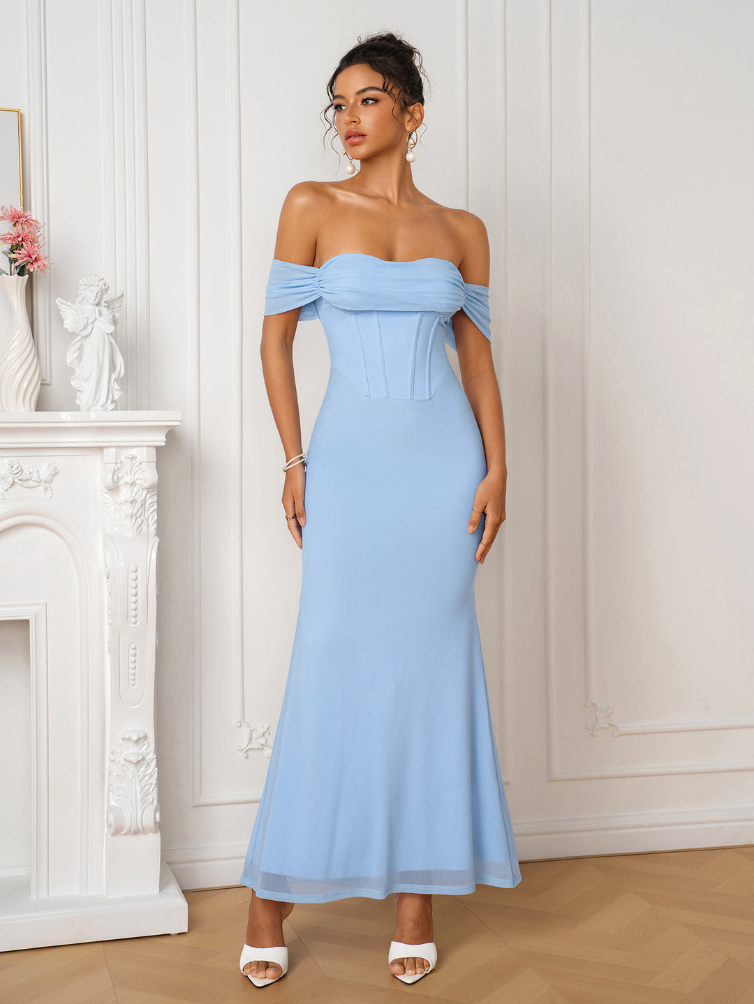 Corset Off Shoulder Ruched Bodycon Mesh Dress