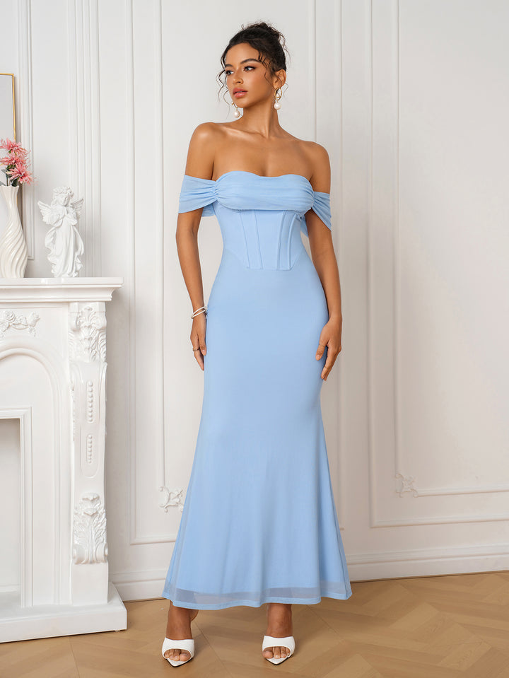 Corset Off Shoulder Ruched Bodycon Mesh Dress