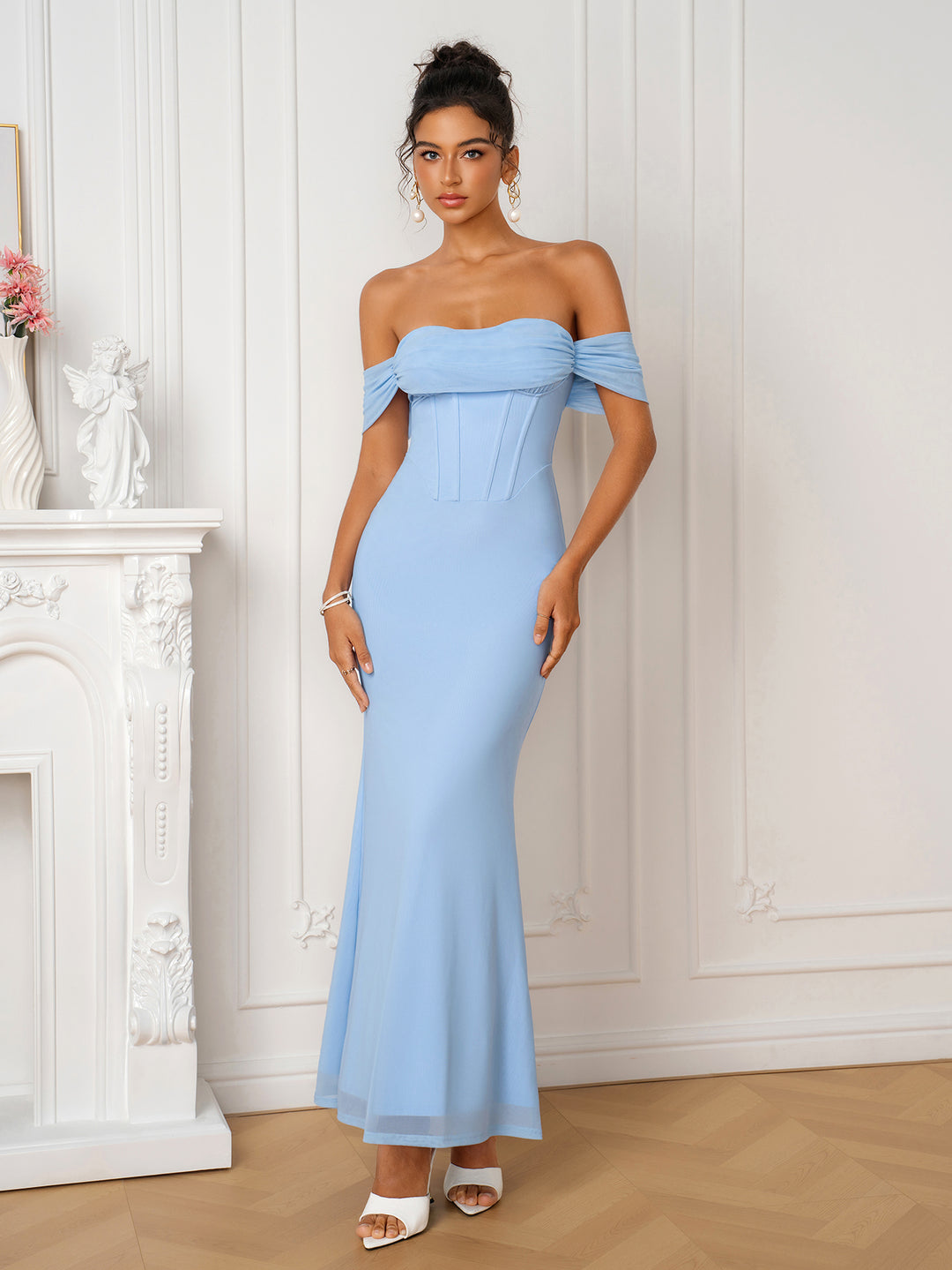 Off Shoulder Ruched Corset Bodycon Mesh Dress#color_blue