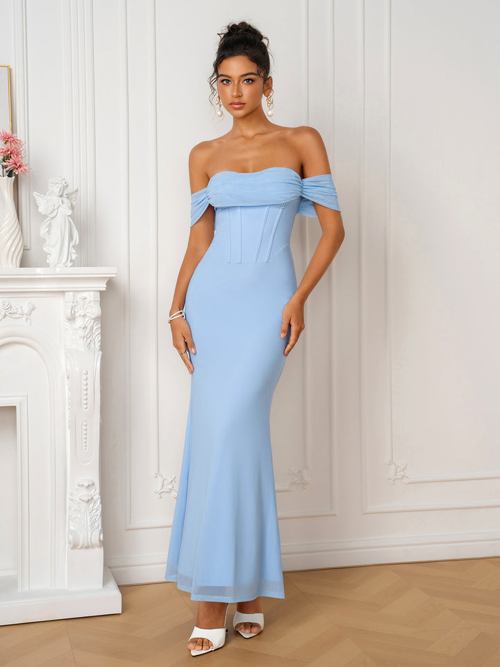 Off Shoulder Ruched Corset Bodycon Mesh Dress
