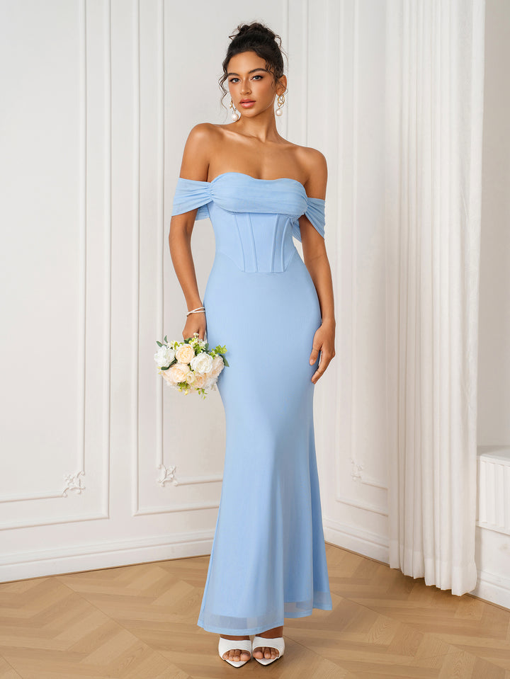 Ruched Corset Off Shoulder Bodycon Mesh Dress