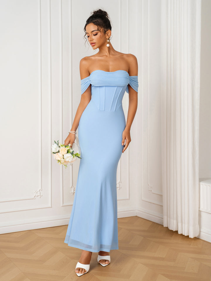 Ruched Off Shoulder Corset Bodycon Mesh Dress