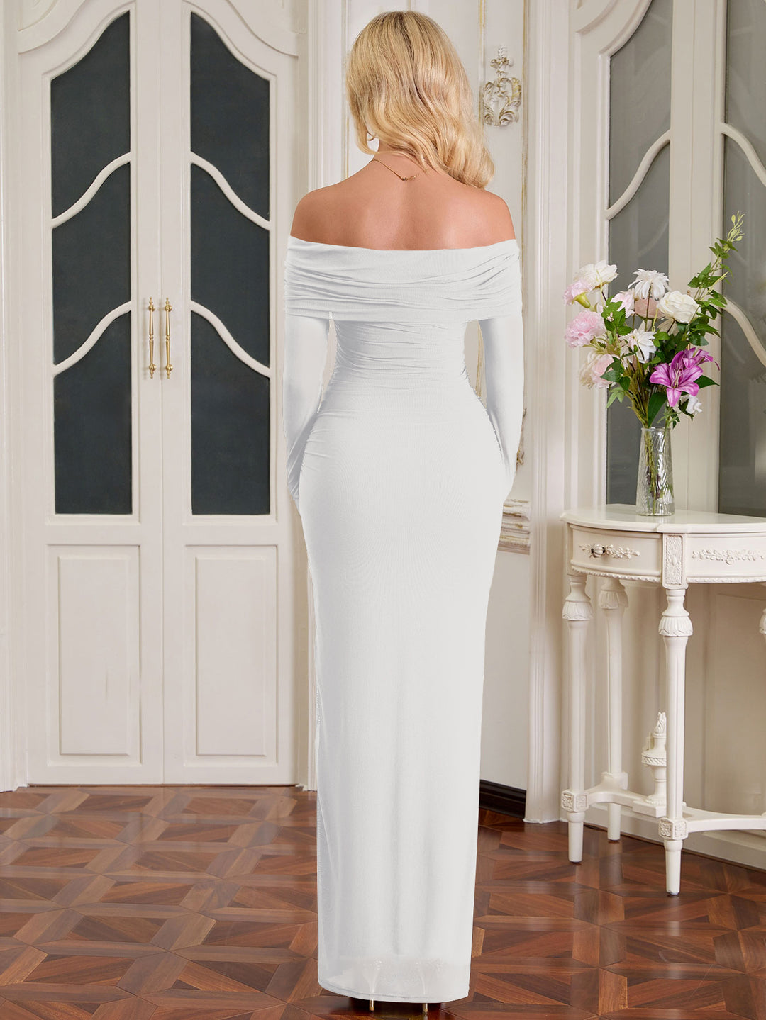 Off Shoulder Crisscross Ruched Mesh Bodycon Dress#color_white