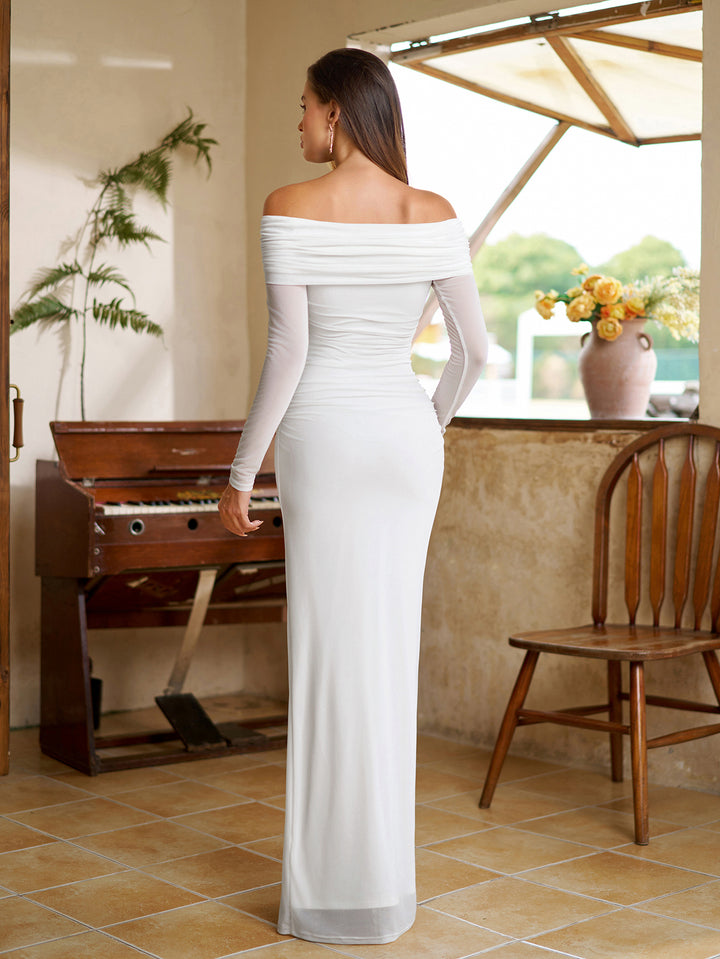 Off Ruched Shoulder Crisscross Mesh Bodycon Dress#color_white