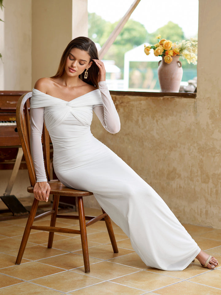 Shoulder Ruched Off Crisscross Mesh Bodycon Dress#color_white