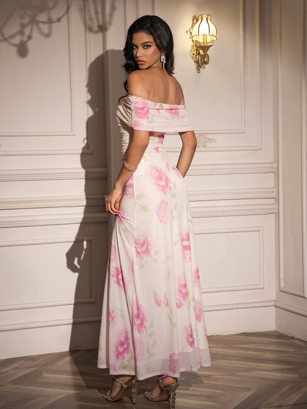 ruched off shoulder floral print dress#color_pink