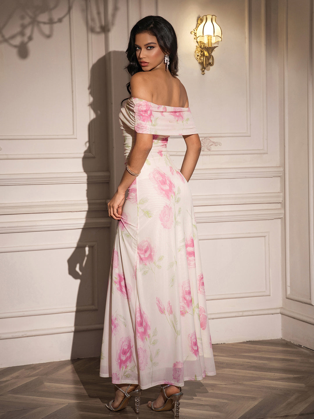 ruched off shoulder floral print dress#color_pink