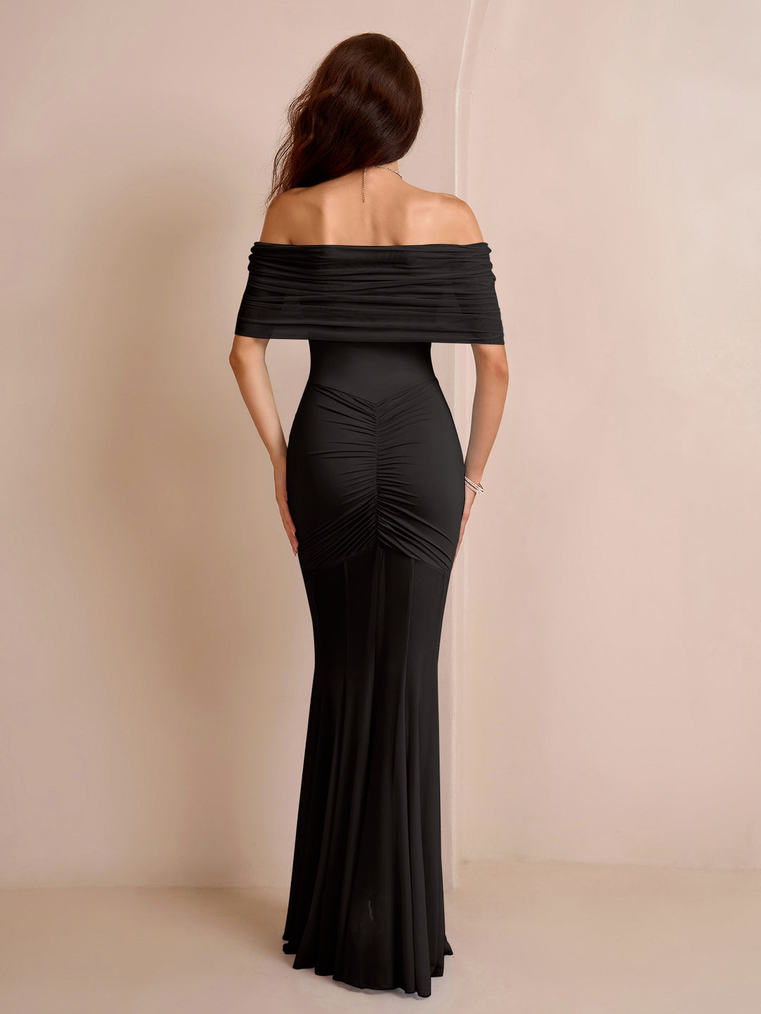 off shoulder mesh ruched bodycon dress#color_black