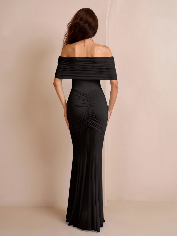 off shoulder mesh ruched bodycon dress#color_black
