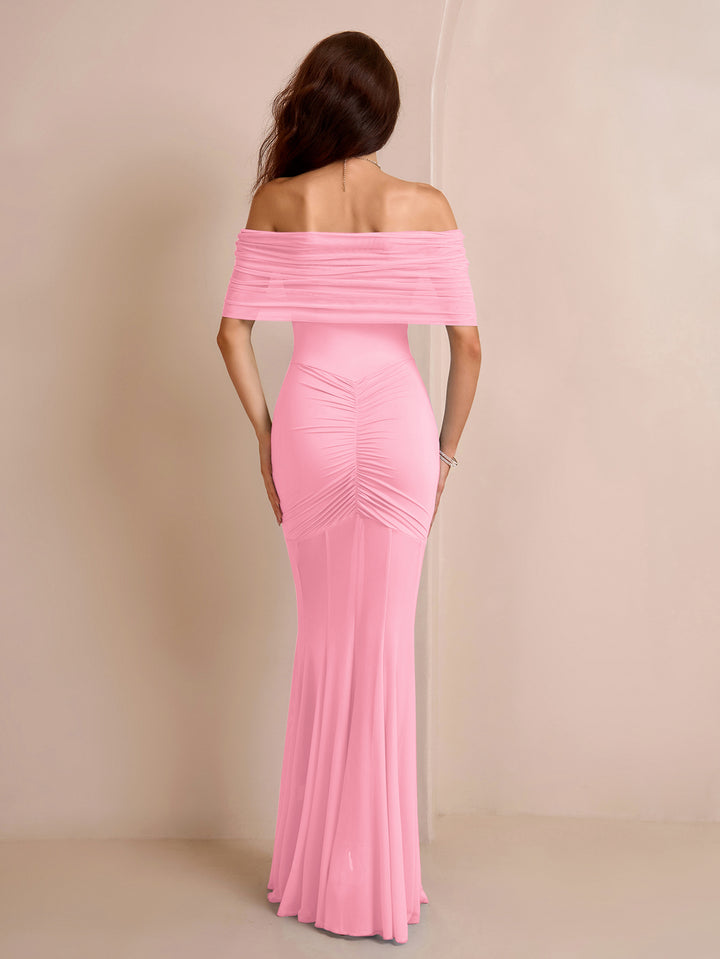 off shoulder mesh ruched bodycon dress#color_pink