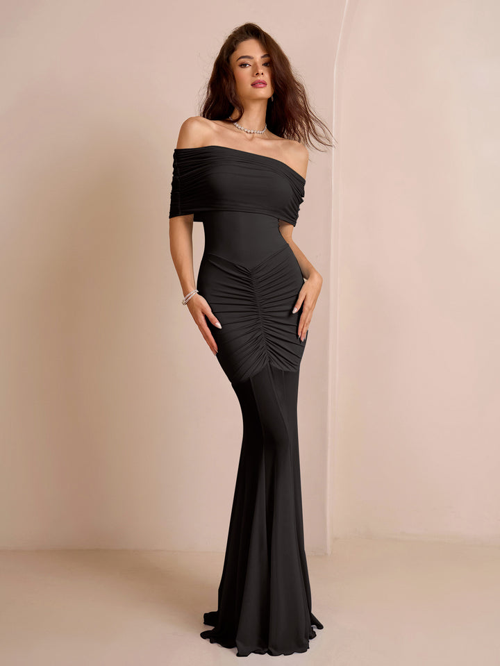 mesh ruched off shoulder bodycon dress#color_black