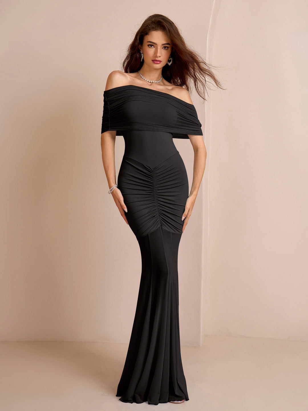 ruched mesh off shoulder bodycon dress#color_black