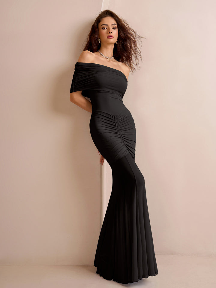 ruched off shoulder mesh bodycon dress#color_black