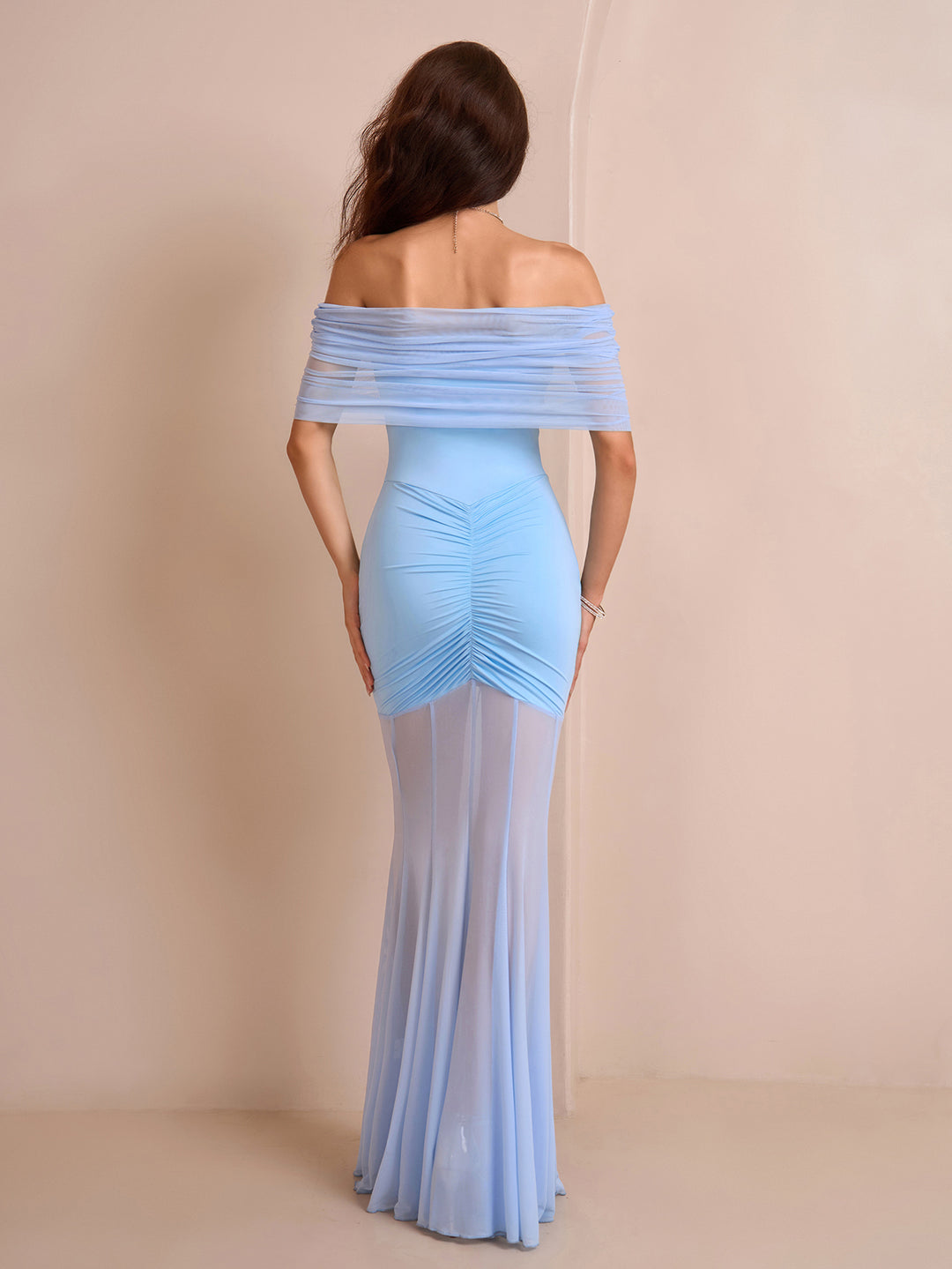 ruched off shoulder mesh bodycon dress#color_blue
