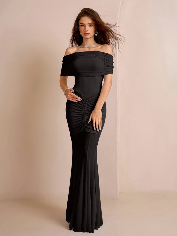 off shoulder ruched mesh bodycon dress#color_black