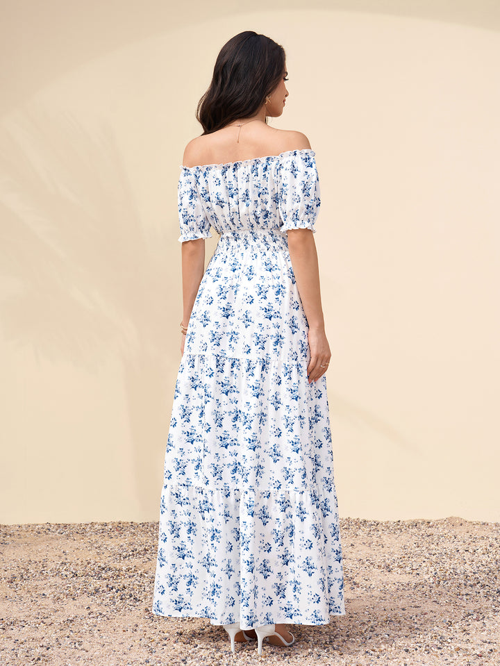 Off Shoulder Pocket Ruched Floral Print Maxi Dress