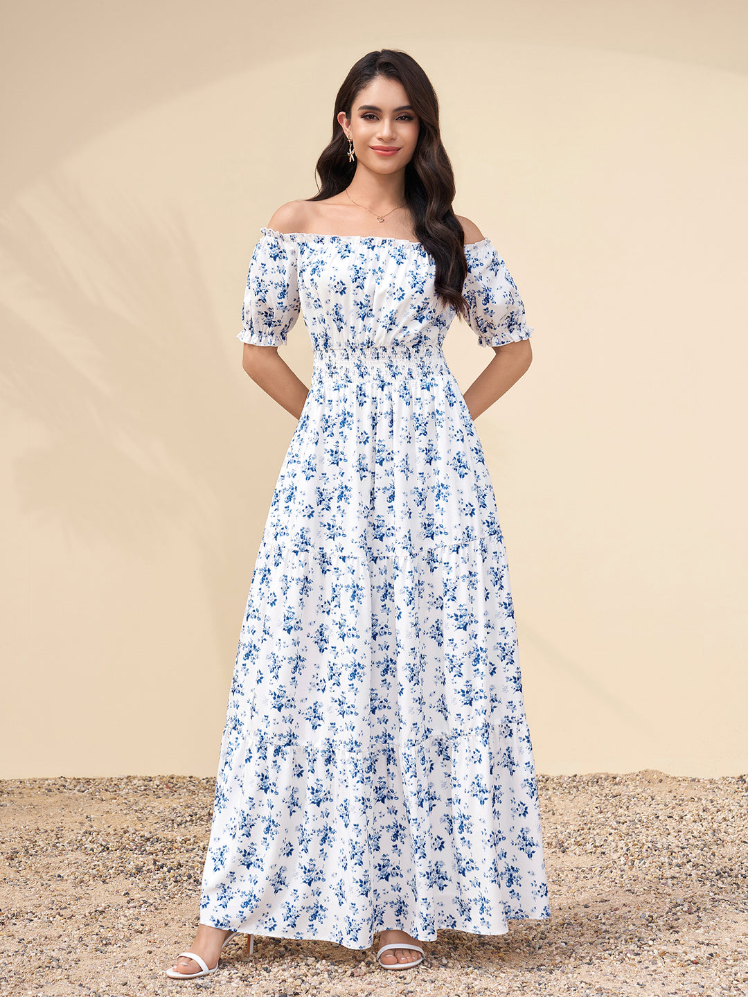 Pocket Ruched Off Shoulder Floral Print Maxi Dress