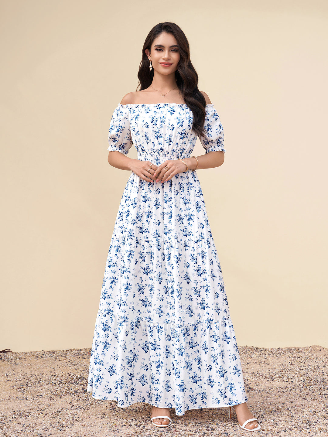 Pocket Off Shoulder Ruched Floral Print Maxi Dress