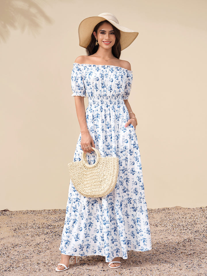 Off Shoulder Ruched Pocket Floral Print Maxi Dress