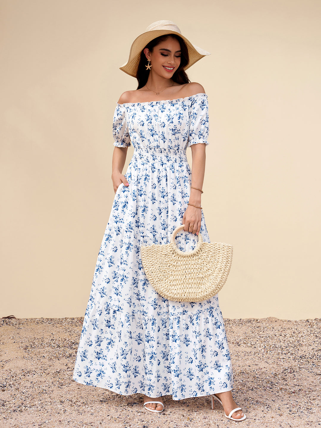 Ruched Pocket Off Shoulder Floral Print Maxi Dress