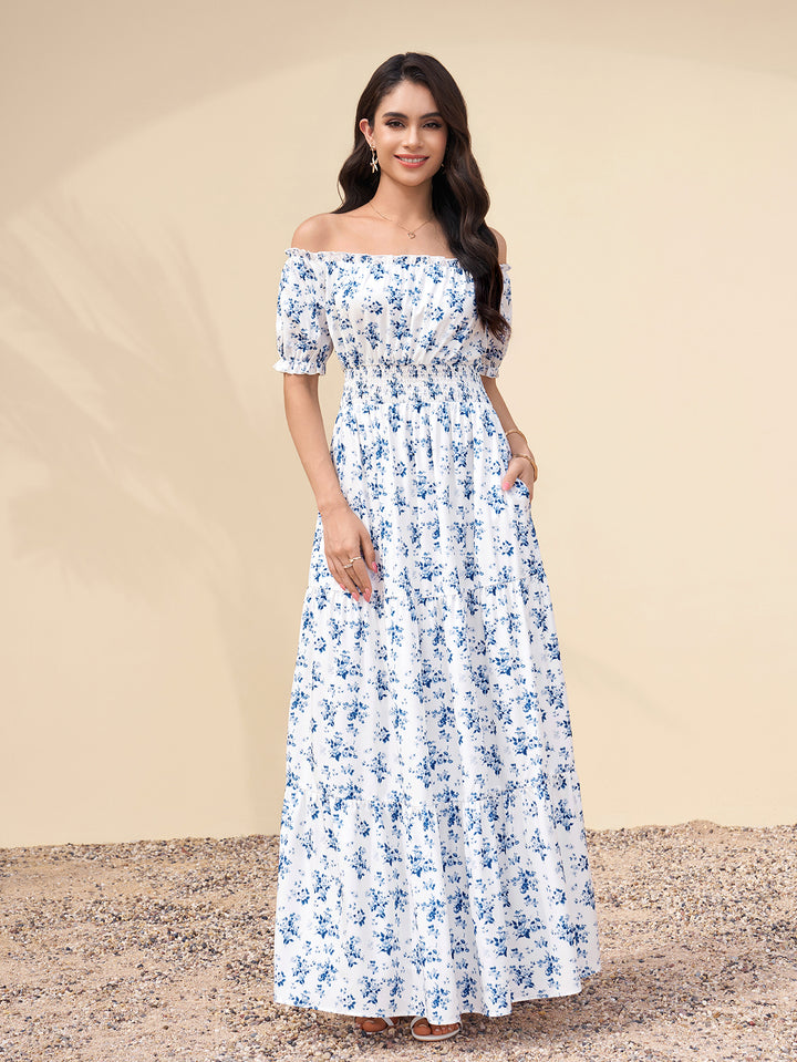 Ruched Off Shoulder Pocket Floral Print Maxi Dress