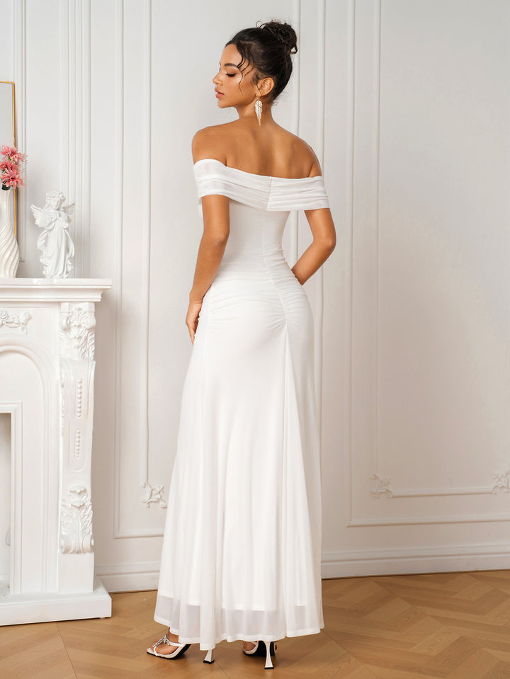 Off Shoulder Ribbon Trim Ruched Mesh Dress