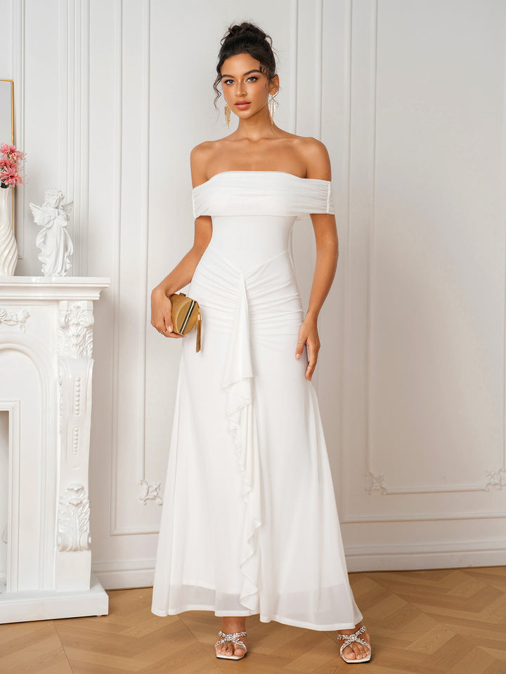 Ribbon Trim Ruched Off Shoulder Mesh Dress
