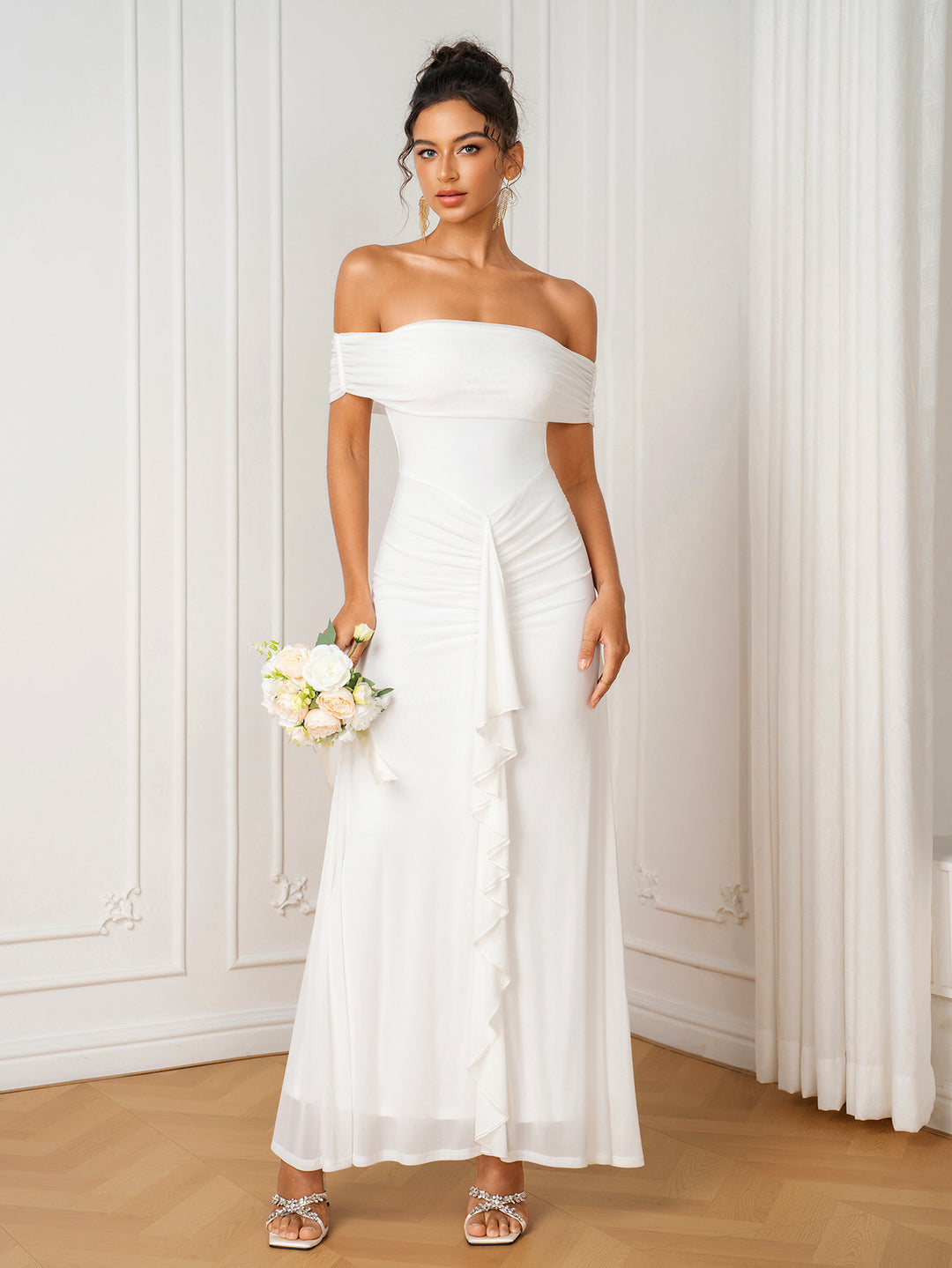 Ribbon Trim Off Shoulder Ruched Mesh Dress