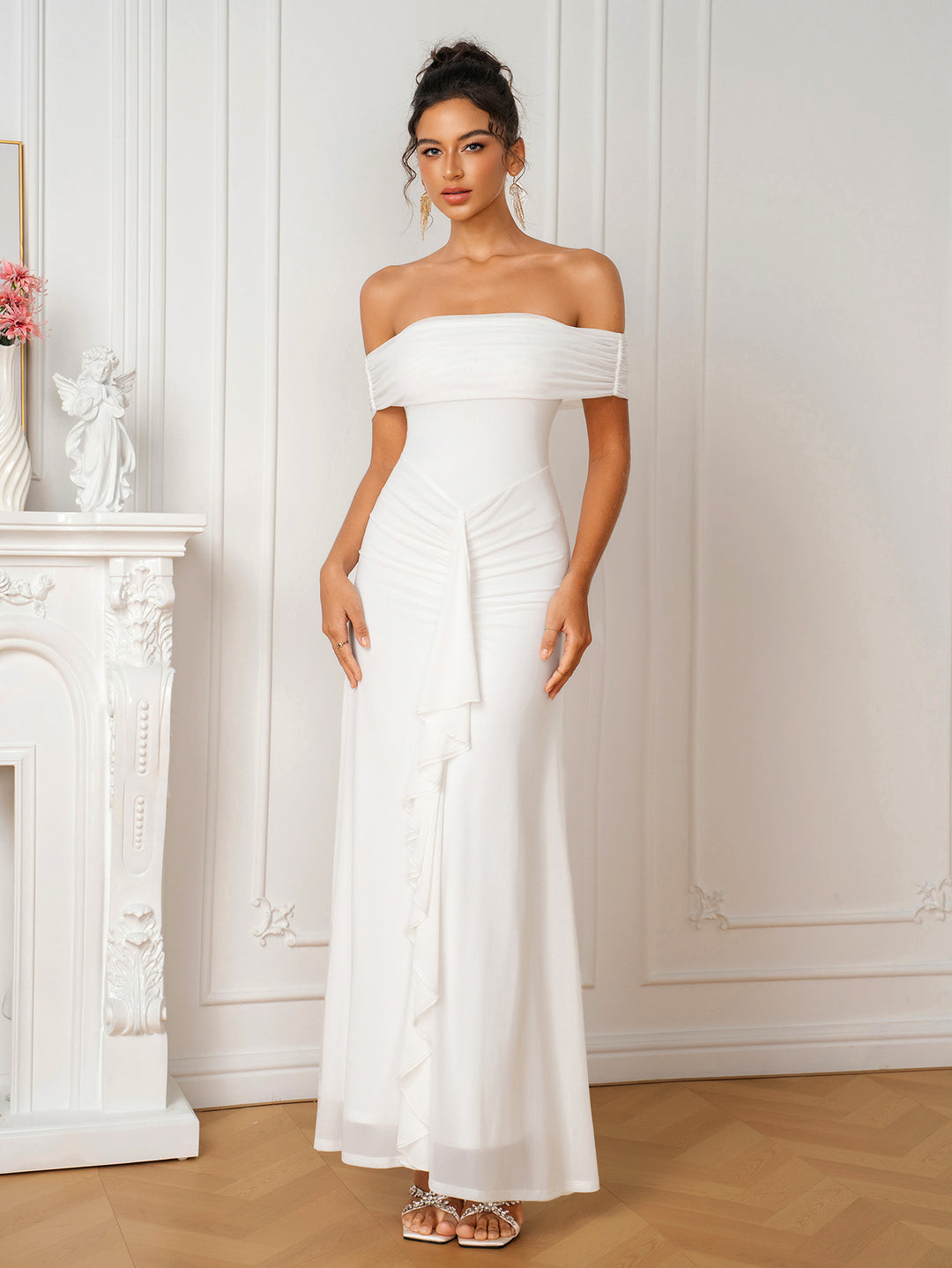 Off Shoulder Ruched Ribbon Trim Mesh Dress