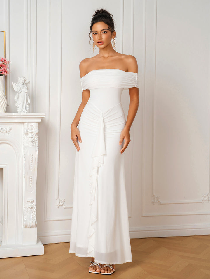 Off Shoulder Ruched Ribbon Trim Mesh Dress