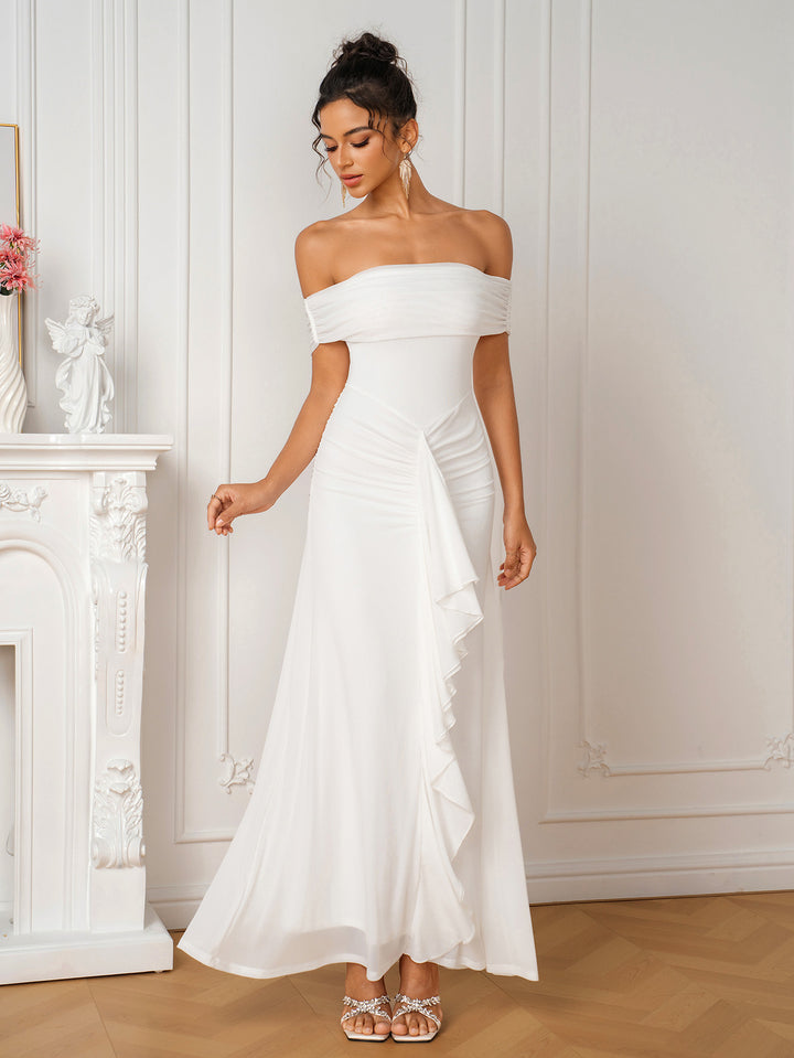 Ruched Ribbon Trim Off Shoulder Mesh Dress