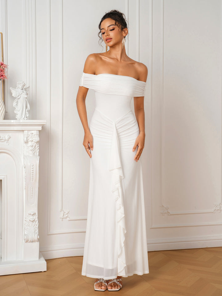 Ruched Off Shoulder Ribbon Trim Mesh Dress