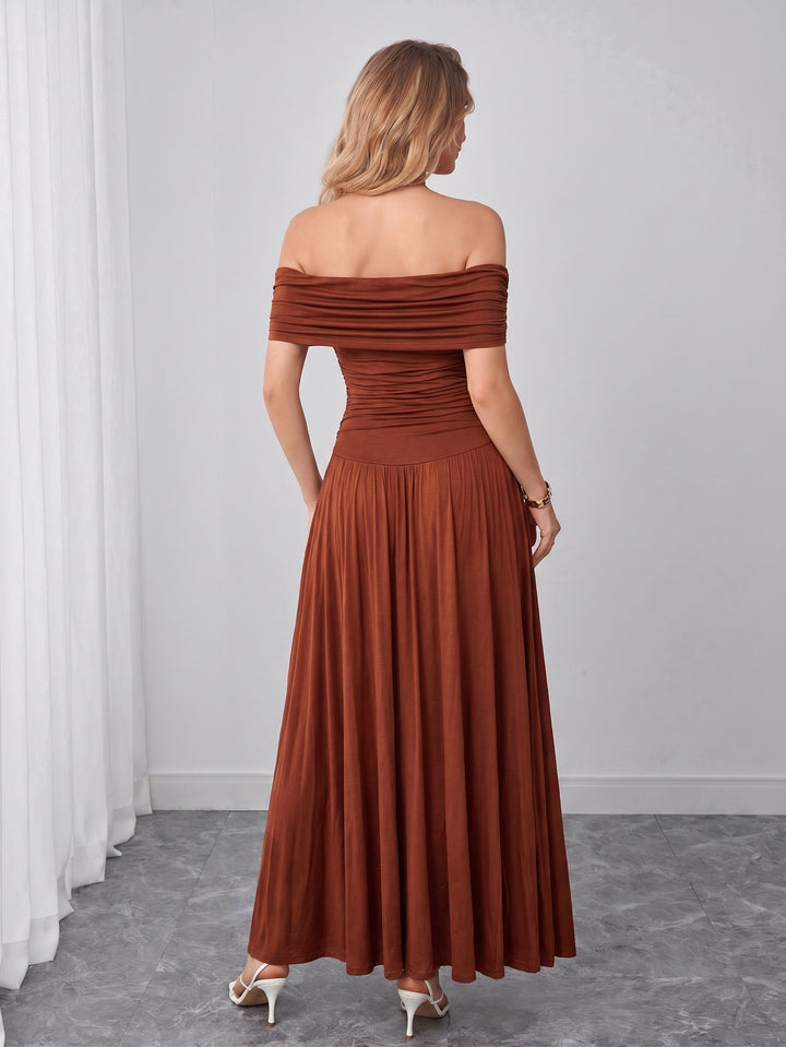 Off Shoulder Solid Ruched Maxi Dress