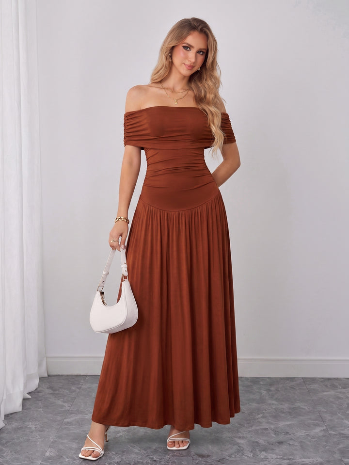 Solid Ruched Off Shoulder Maxi Dress