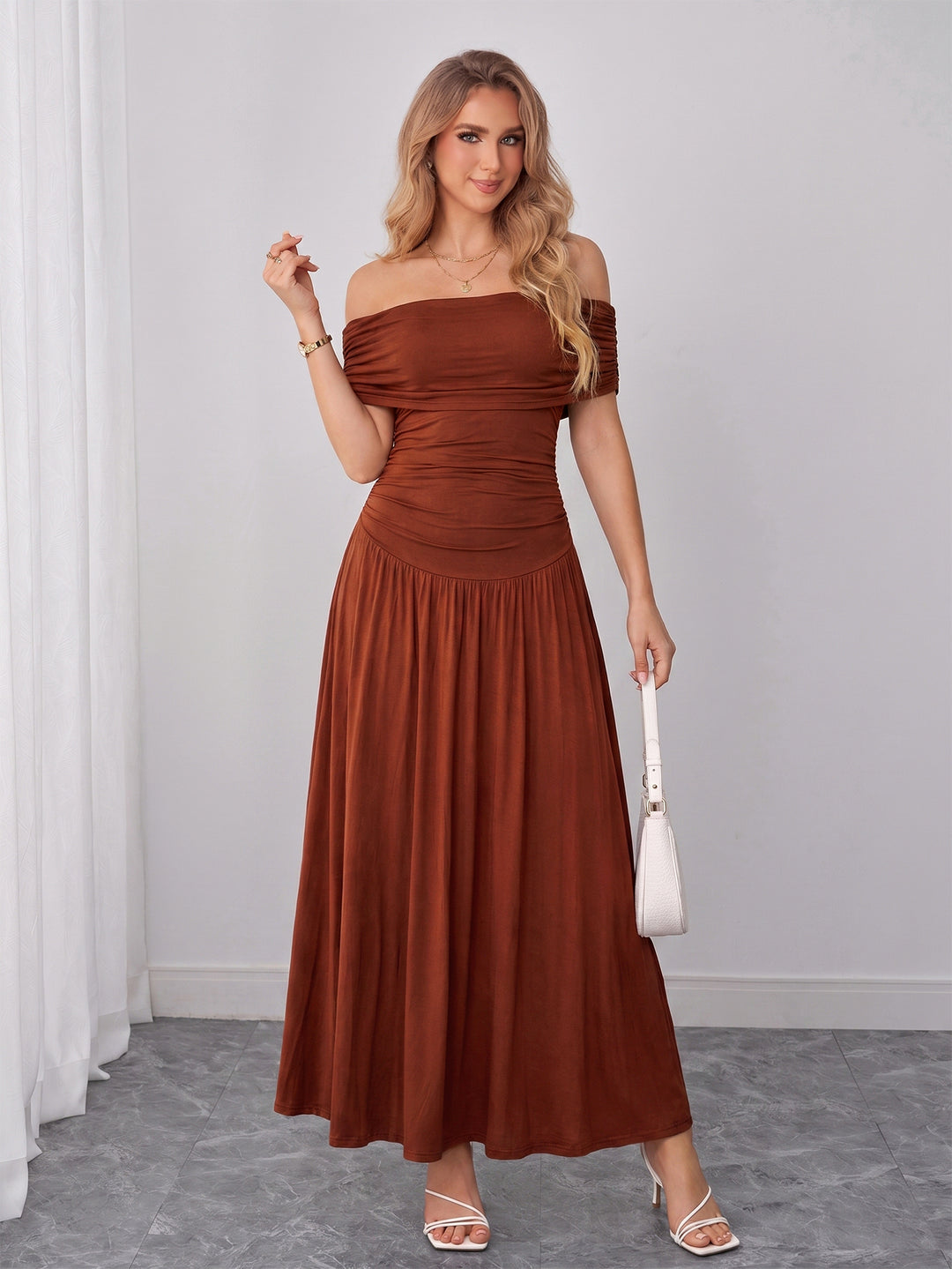 Solid Off Shoulder Ruched Maxi Dress